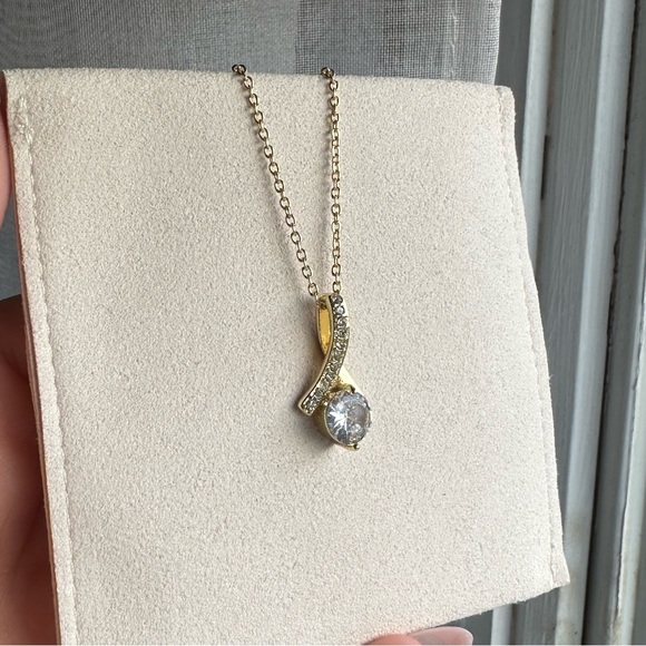 Gold diamond pendant necklace, adjustable, stainless steel, CZ stone - Picture 2 of 3